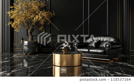 Luxury Classical Style Superior Black Living Room Interior With Black Marble Floor And Leather Furniture, Adorned With Golden Palm Tree. 118537164