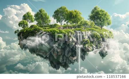 Enchanted Floating Island: Lush Greenery, Cascading Waterfalls, Isolated In The Clouds - Realistic 3d Design Of A Heavenly Paradise Enchanted Floating Island: Lush Greenery, Cascading Waterfalls, Isolated In The Clouds - Realistic 3d Design Of A Heavenly Paradise 118537166