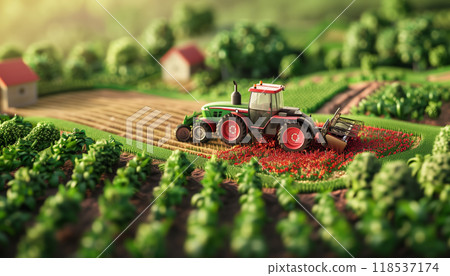 Isolated 3d Farm With Tractor And Crops On Farm Island: Smart Farming Concept Design With Tractor Harvesting On Piece Of Land. 118537174