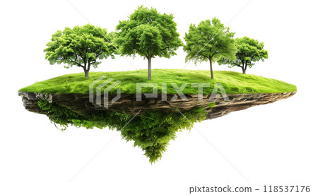 Isolated Landmass With Lush Grass And Trees Floating On A White Background 118537176