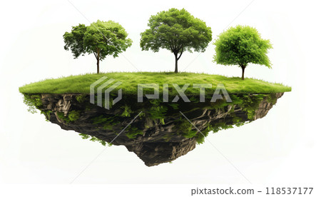 Floating Peace Of Land With Grass Surface And Trees Isolated On White Background: A Peaceful, Serene Piece Of Land Hovering With Grass And Trees. 118537177