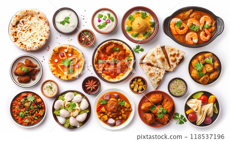 Top View Of Desi Indian Traditional Food Set: Pizza, Hummus, Biryani, Chicken Curry, Momos, Tikka, Korma, Samosas. Ramadan Iftar Food Collection Isolated On White Background. Top View Of Desi Indian Traditional Food Set: Pizza, Hummus, Biryani, Chicken Curry, Momos, Tikka, Korma, Samosas. Ramadan Iftar Food Collection Isolated On White Background. 118537196