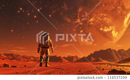 Exploring The Red Planet: A Journey Through Mars With Stars And Earth In The Background, Featuring A Space Man Walking In The Red Desert. 118537209