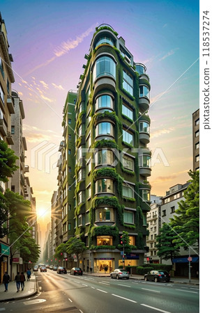 conceptual representation of a futuristic apartment building with a planted facade to regulate the temperature and create green spaces for natural diversity 118537274