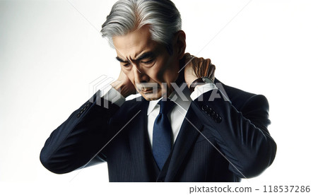 一位身穿西裝的公司總裁的日本老人的插圖,他很擔心 一位身穿西裝的公司總裁的日本老人的插圖,他很擔心 118537286