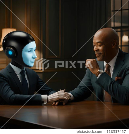 A man communicating with an android 118537437