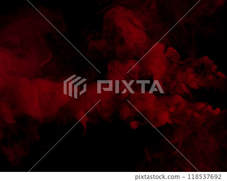 Red Dense Fluffy Puffs of White Smoke and Fog on black Background, Abstract Smoke Clouds 118537692
