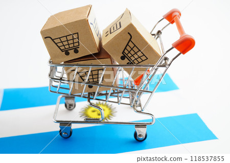 Online shopping, Shopping cart box on Argentina flag, import export, finance commerce. Online shopping, Shopping cart box on Argentina flag, import export, finance commerce. 118537855