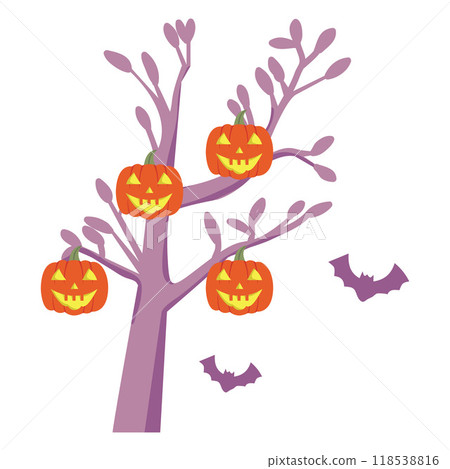 Illustration tree branch pumpkins, and bats halloween background	 118538816