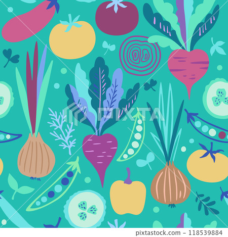 Seamless pattern with colorful doodle vegetables. Cute modern trendy illustration. 118539884