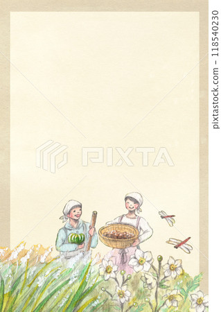 Background material with watercolor paintings of people rejoicing in the autumn harvest and paper textures, portrait design 118540230
