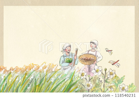Watercolor background material of autumn scenery with farm work 118540231