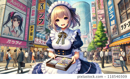 A maid handing out flyers in the bustling Akihabara shopping district 118540309