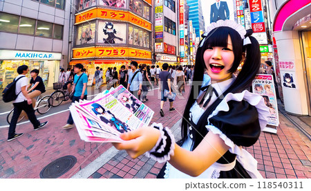 A maid handing out flyers in the bustling Akihabara shopping district 118540311