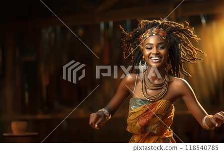 African American woman joyfully engages in traditional dance at a lively festival, showcasing the rich and dynamic expressions of her heritage 118540785