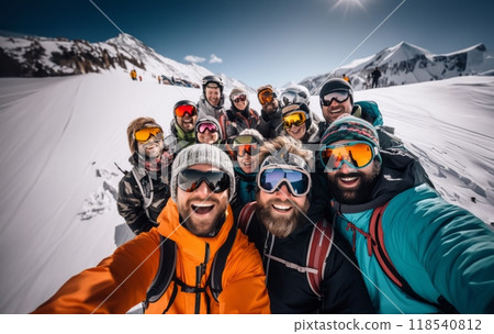 Friends capture snowy mountain joy in a cheerful group selfie amid the wintry alpine landscape. 118540812