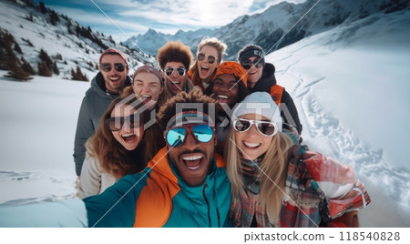 Friends capture snowy mountain joy in a cheerful group selfie amid the wintry alpine landscape. 118540828