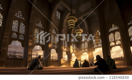 Group of Muslims Praying in a Mosque with Sunlight Streaming Through the Window, Creating Silhouettes.Generated image 118540830