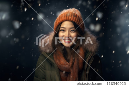 A beautiful Chinese woman exudes elegance as she poses for a portrait, donning a stylish jacket, capturing the serene charm of a snowy day with cultural grace 118540923