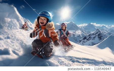 A young brother and sister exude sheer joy as they run together through the snow 118540947