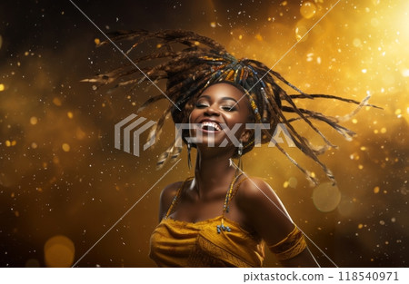 African American woman joyfully engages in traditional dance at a lively festival, showcasing the rich and dynamic expressions of her heritage 118540971