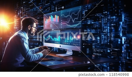 A business executive in a sharp suit engages in a hacking scenario, strategically utilizing a laptop amid a technologically immersive environment filled with holographic displays 118540998