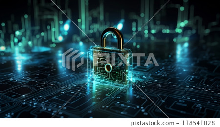 A modern depiction of cybersecurity and data privacy on the internet, illustrated by a conceptual image featuring digital locks safeguarding business and financial data, emphasizing the protection of 118541028