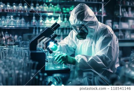Mysterious doctor in a suit examines hazardous materials using a microscope in a professional office setting. 118541146