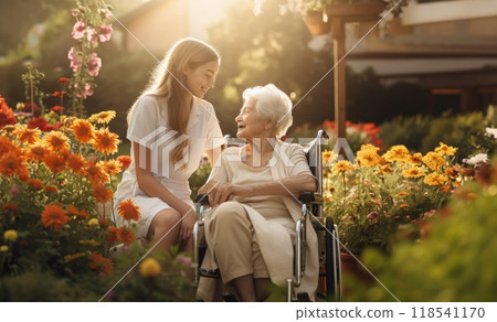 A compassionate doctor tends to an elderly woman in a wheelchair, providing dedicated care and support to enhance the well-being of the resident within the tranquil outdoor environment.Generated image A compassionate doctor tends to an elderly woman in a wheelchair, providing dedicated care and support to enhance the well-being of the resident within the tranquil outdoor environment.Generated image 118541170