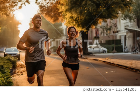 In the early morning glow, a vital couple energizes the streets with their invigorating run, embracing a healthy and active start to the day 118541205