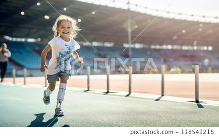 Determined girl with a leg prosthesis sprinting on an athletic track, showcasing her resilience and athleticism..Generated image 118541218