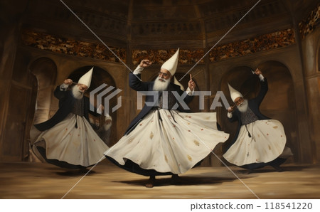 Derwish Dancers Performing a Traditional Whirling Dance in Ceremonial Attire.Generated image Derwish Dancers Performing a Traditional Whirling Dance in Ceremonial Attire.Generated image 118541220
