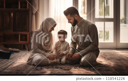 Parents Teaching Their Child Religious Rituals and Practices in Islam.Generated image 118541226