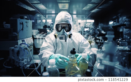 Mysterious doctor in a suit examines hazardous materials using a microscope in a professional office setting. Mysterious doctor in a suit examines hazardous materials using a microscope in a professional office setting. 118541229
