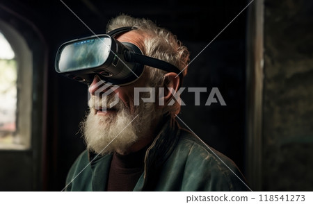 An elderly man with a distinguished gray beard immerses himself in a virtual reality experience, wearing VR glasses 118541273
