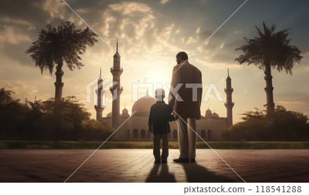 Father and Son in Ihram at a Sacred Site During Their Pilgrimage.Generated image 118541288