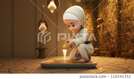A serene moment captured in a photograph, depicting a little girl engaged in the Islamic ritual of abdest, symbolizing purity and spiritual cleansing before prayer.Generated image 118541352
