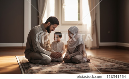 Parents Teaching Their Child Religious Rituals and Practices in Islam.Generated image Parents Teaching Their Child Religious Rituals and Practices in Islam.Generated image 118541364