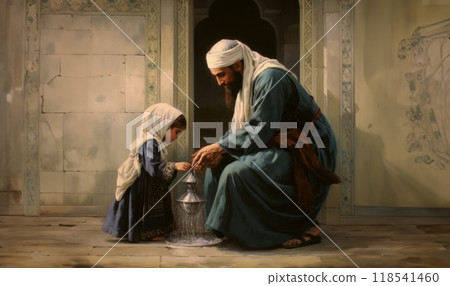 Parents Teaching Their Child Ablution and Preparation for Islamic Prayer.Generated image Parents Teaching Their Child Ablution and Preparation for Islamic Prayer.Generated image 118541460