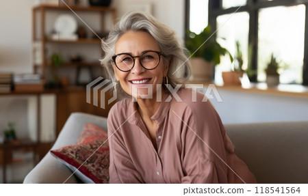 In her sunlit living room, the modern elderly woman exudes sophistication, wearing glasses, creating a chic and cozy atmosphere. 118541564