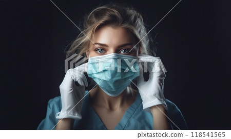 A weary doctor, adorned with a medical mask, reflects the exhaustion from relentless healthcare challenges. 118541565