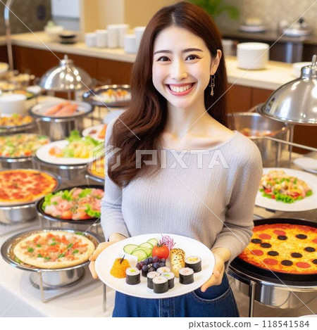 A woman is happy at an all-you-can-eat buffet 118541584