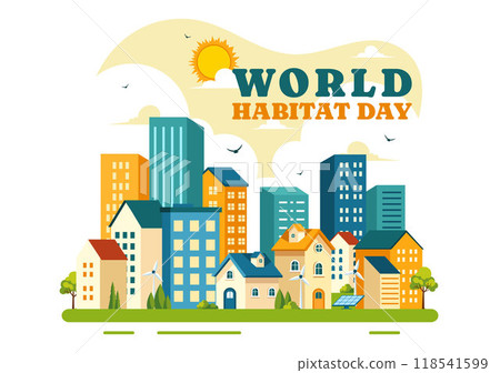 World Habitat Day Vector Illustration on 3 October, featuring a Clean City, Natural Trees, and Urban Areas for Adequate Housing in a Flat Background 118541599