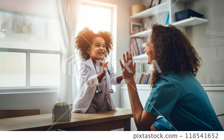 In a warm and inclusive medical setting, a caring doctor shares a joyful moment with a young African American girl, creating a positive and nurturing atmosphere after a medical examination in the 118541652