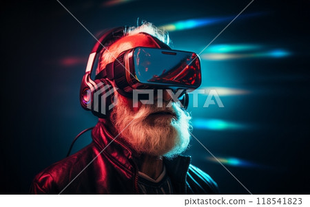 An elderly man with a distinguished gray beard immerses himself in a virtual reality experience, wearing VR glasses An elderly man with a distinguished gray beard immerses himself in a virtual reality experience, wearing VR glasses 118541823