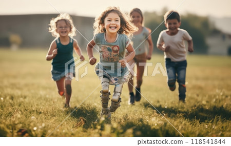 Young Girl with a Prosthetic Leg Running Joyfully Through a Flower Garden.Generated image 118541844