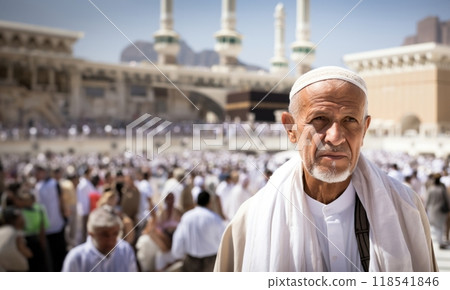 Elderly Muslim man in traditional attire standing in reverence before the Kaaba in Mecca..Generated image Elderly Muslim man in traditional attire standing in reverence before the Kaaba in Mecca..Generated image 118541846