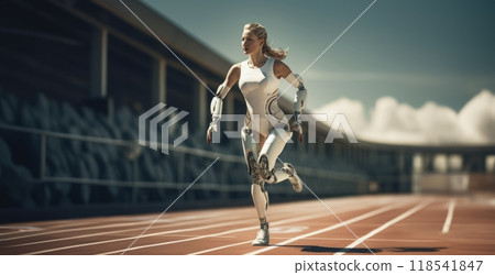 A determined professional athlete, equipped with adaptive sports gear, showcases resilience and commitment while training, embodying the spirit of inclusive athleticism and overcoming challenges with 118541847