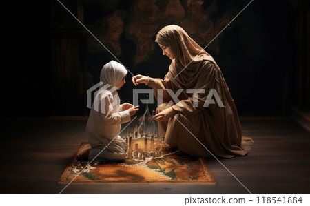 Mother Teaching Her Child the Proper Ablution Process and Prayer Preparation.Generated image 118541884