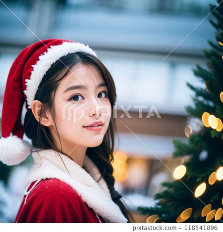 Smiling woman with Christmas tree in the background 118541896